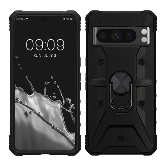 kwmobile Handyhülle kompatibel mit Google Pixel 8 Pro - stoßfeste Hülle mit Eckenschutz - Shockproof Hülle mit Fingerring aus Metall - Schwarz Schwarz  