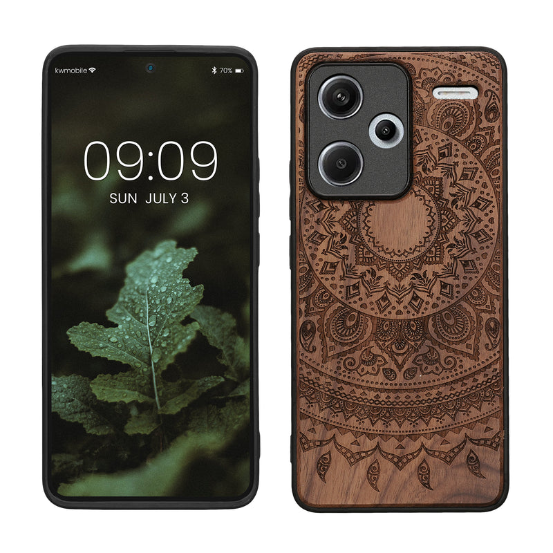 kwmobile Hülle kompatibel mit Xiaomi Redmi Note 13 Pro+ 5G / Redmi Note 13 Pro Plus 5G Hülle - Holz Case - Handy Cover - TPU Handyhülle in Dunkelbraun Indische Sonne Dunkelbraun  [dsg03]