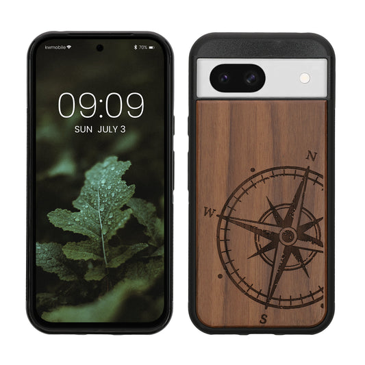 kwmobile Hülle kompatibel mit Google Pixel 8a Hülle - Holz Case - Handy Cover - TPU Handyhülle in Dunkelbraun Kompass Vintage Dunkelbraun  [dsg01]
