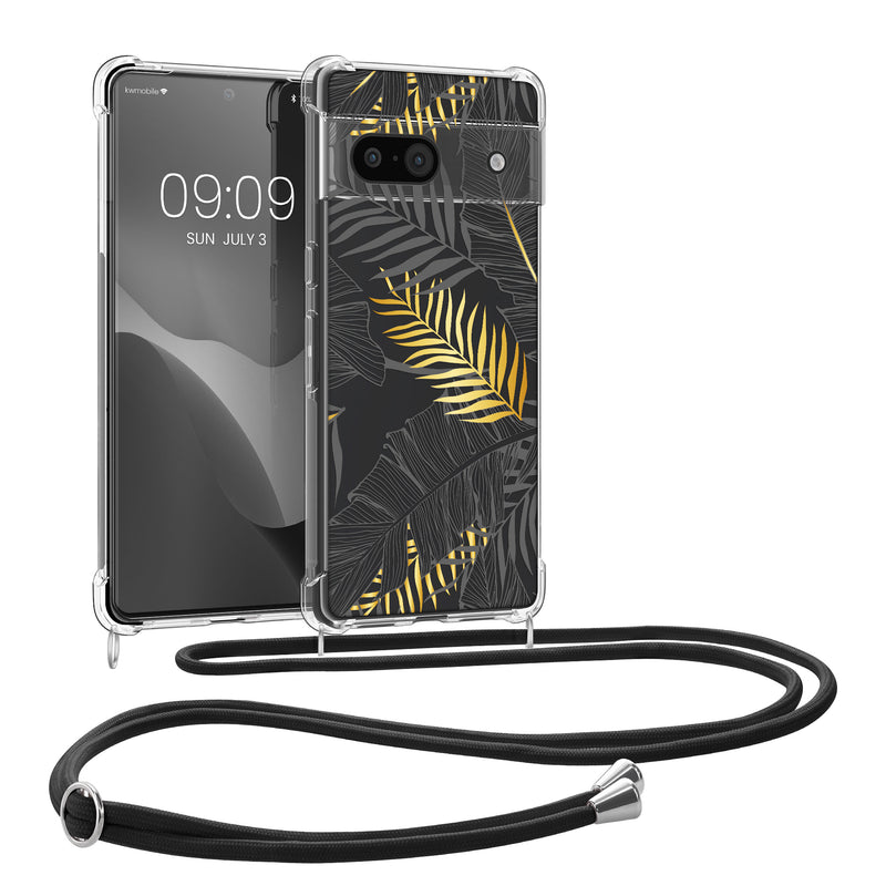 kwmobile Necklace Case kompatibel mit Google Pixel 8a Hülle - Silikon Cover mit Handykette - Gelb Grau Transparent Dschungel Gelb  [dsg01]