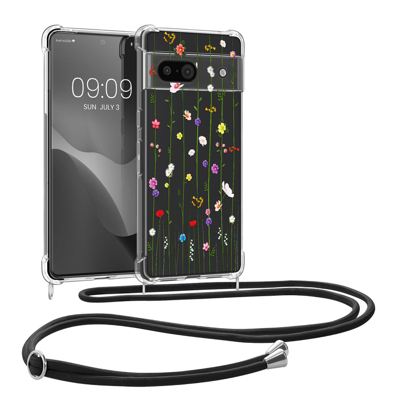 kwmobile Necklace Case kompatibel mit Google Pixel 8a Hülle - Silikon Cover mit Handykette - Mehrfarbig Transparent Wildblumen Ranke Mehrfarbig  [dsg03]