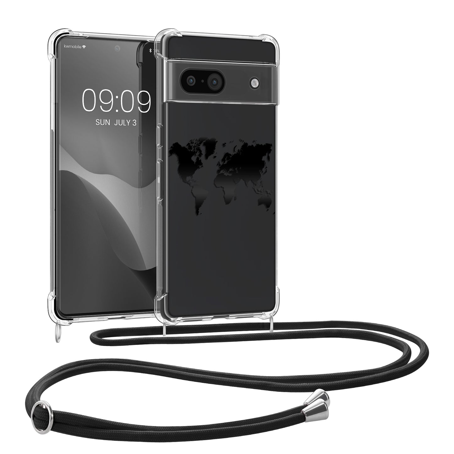 kwmobile Necklace Case kompatibel mit Google Pixel 8a Hülle - Silikon Cover mit Handykette - Schwarz Transparent Travel Umriss Schwarz  [dsg04]