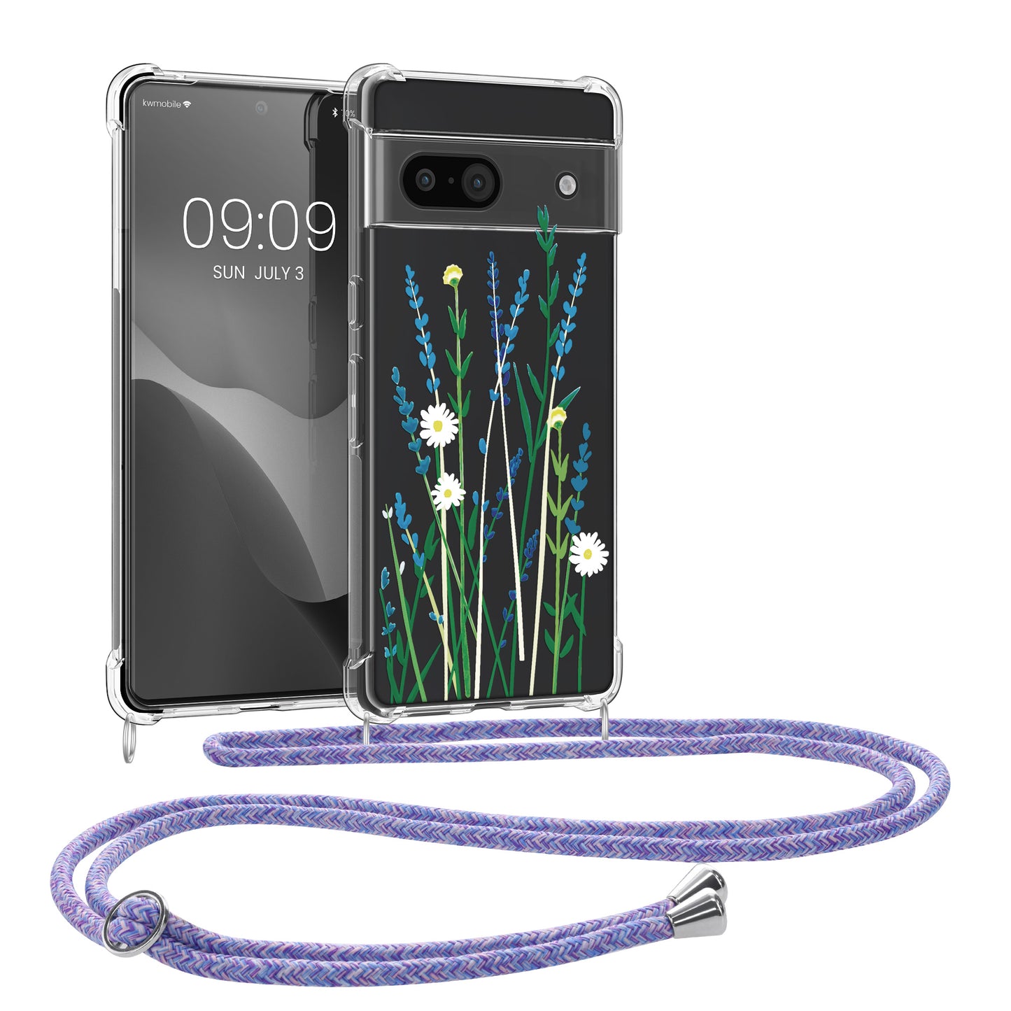 kwmobile Necklace Case kompatibel mit Google Pixel 8a Hülle - Silikon Cover mit Handykette - Lavendel Grün Transparent Blumenhalme Lavendel Lavendel  [dsg05]