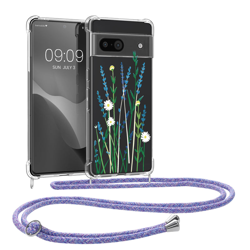 kwmobile Necklace Case kompatibel mit Google Pixel 8a Hülle - Silikon Cover mit Handykette - Lavendel Grün Transparent Blumenhalme Lavendel Lavendel  [dsg05]