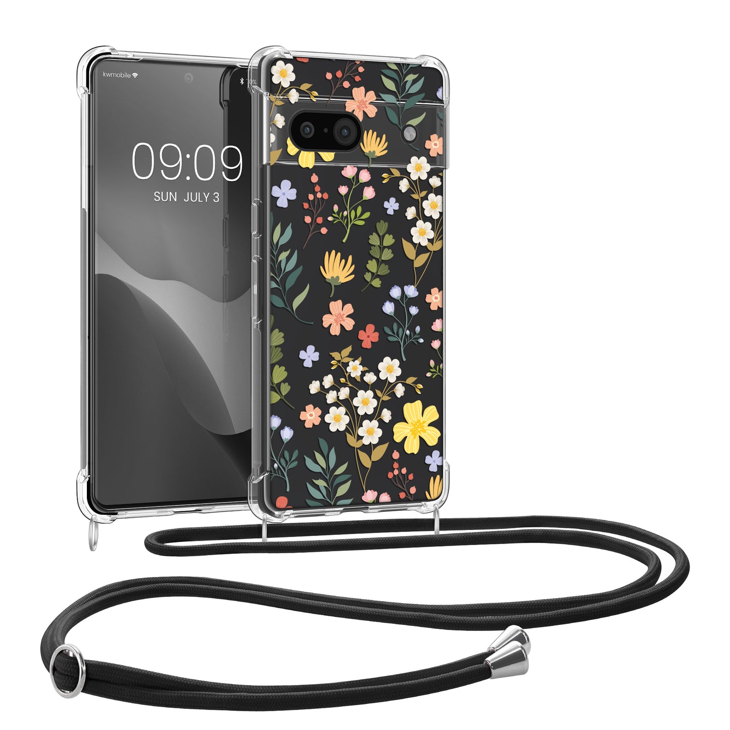 kwmobile Necklace Case kompatibel mit Google Pixel 8a Hülle - Silikon Cover mit Handykette - Gelb Grün Transparent Zauberhafte Blumen Gelb  [dsg06]
