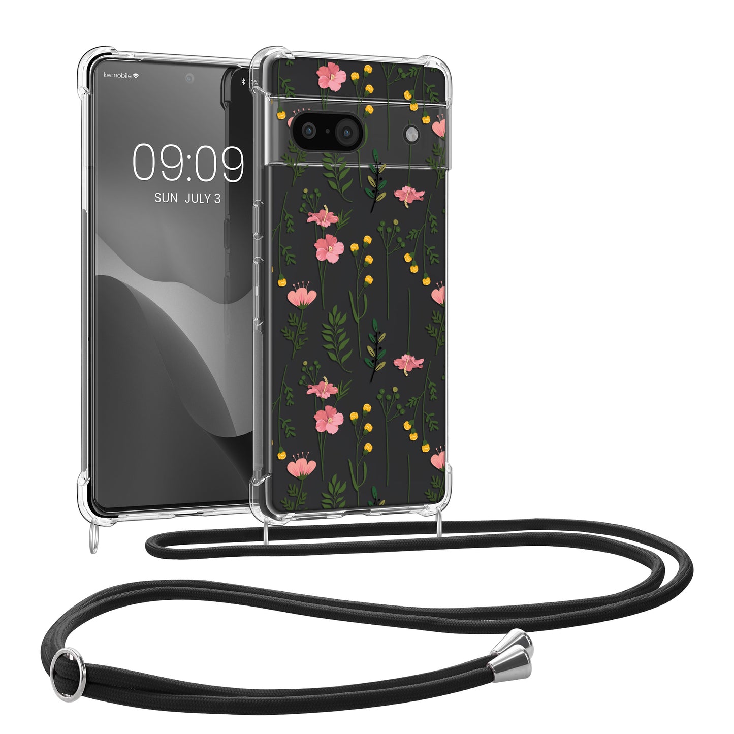 kwmobile Necklace Case kompatibel mit Google Pixel 8a Hülle - Silikon Cover mit Handykette - Rosa Grün Transparent Zarte Wildblumen Rosa  [dsg07]