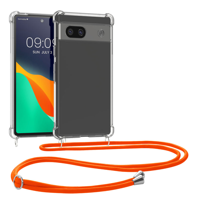 kwmobile Necklace Case kompatibel mit Google Pixel 8a Hülle - Silikon Cover mit Handykette - Band Handyhülle Transparent Neon Orange Transparent  [dsg03]