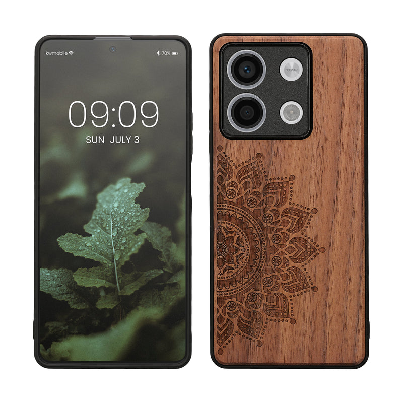 kwmobile Hülle kompatibel mit Xiaomi Redmi Note 13 5G Hülle - Holz Case - Handy Cover - TPU Handyhülle in Dunkelbraun Aufgehende Sonne Dunkelbraun  [dsg02]