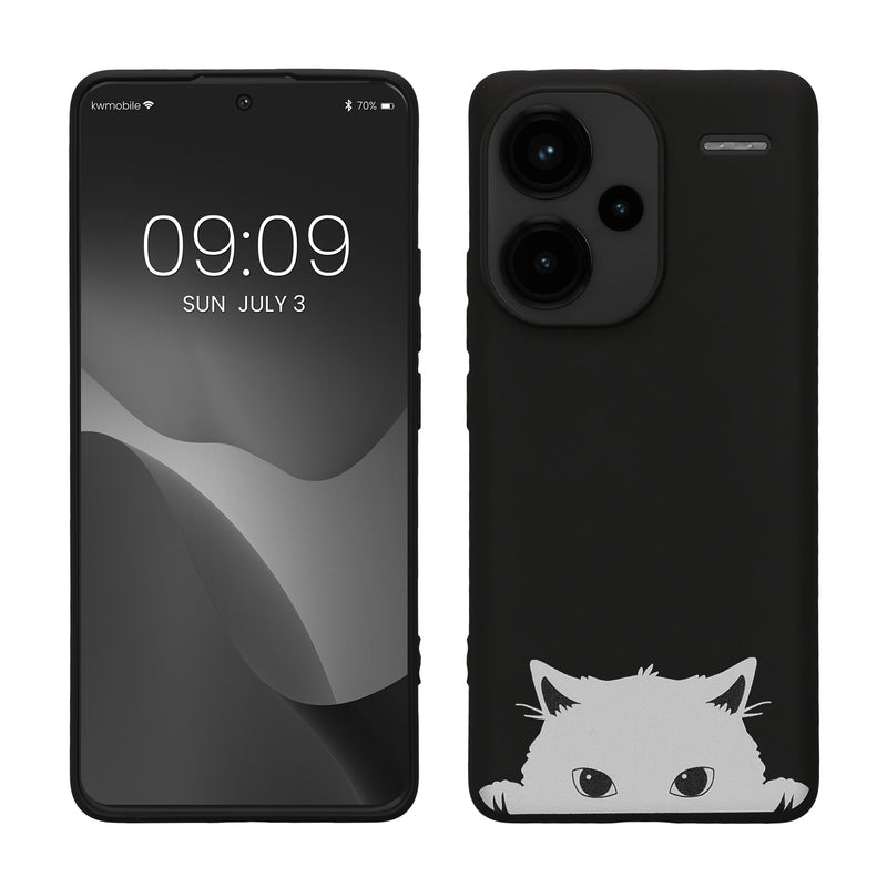 kwmobile Hülle kompatibel mit Xiaomi Redmi Note 13 Pro+ 5G / Redmi Note 13 Pro Plus 5G - Handyhülle Silikon Case - Neugierige Katze Schwarz Weiß Schwarz  [dsg02]