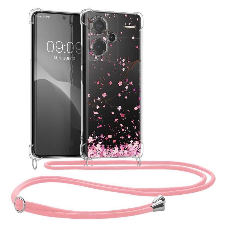 kwmobile Necklace Case kompatibel mit Xiaomi Redmi Note 13 Pro+ 5G / Redmi Note 13 Pro Plus 5G Hülle - Silikon Cover mit Handykette - Rosa Dunkelbraun Transparent Kirschblütenblätter Rosa  [dsg01]