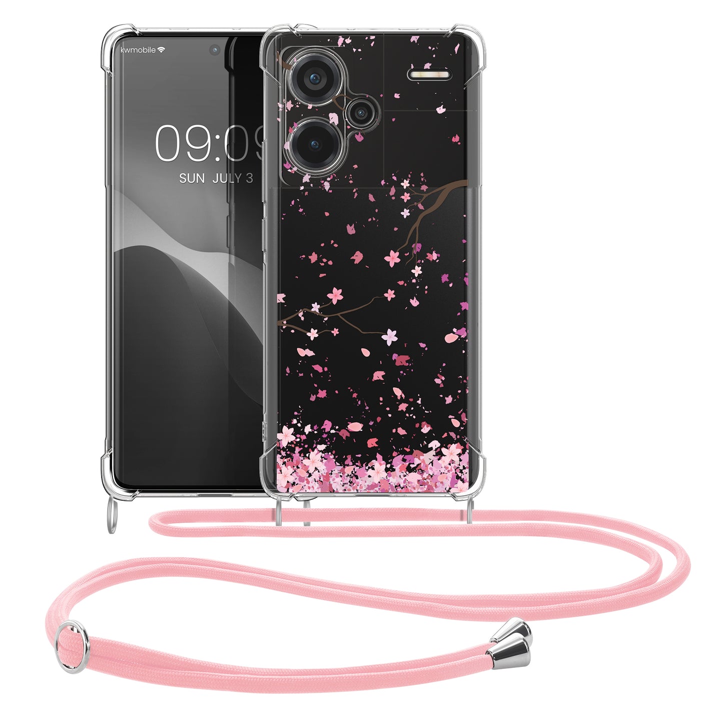 kwmobile Necklace Case compatible with Xiaomi Redmi Note 13 Pro+ 5G / Redmi Note 13 Pro Plus 5G - Silicone Cover with Lanyard Transparent Cherry Blossom Petals