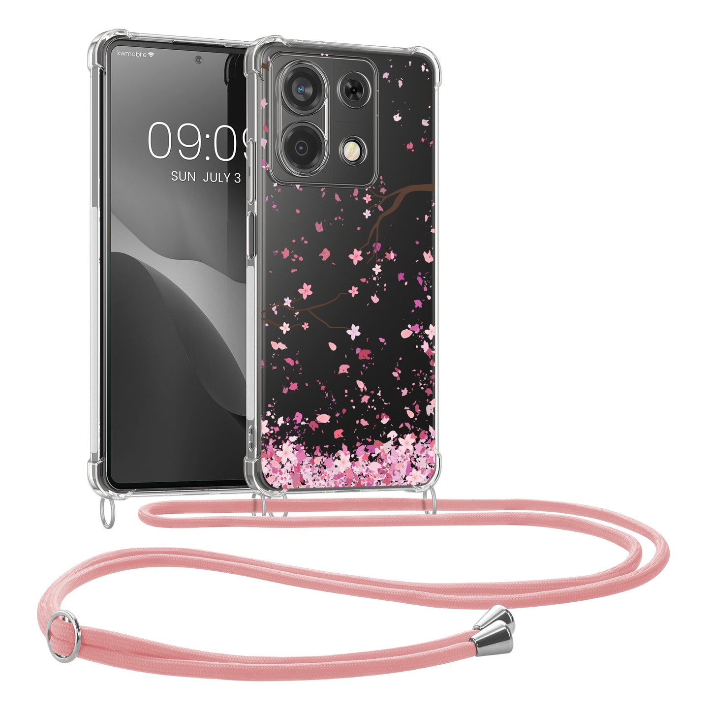 kwmobile Necklace Case kompatibel mit Xiaomi Redmi Note 13 5G Hülle - Silikon Cover mit Handykette - Rosa Dunkelbraun Transparent Kirschblütenblätter Rosa  [dsg01]