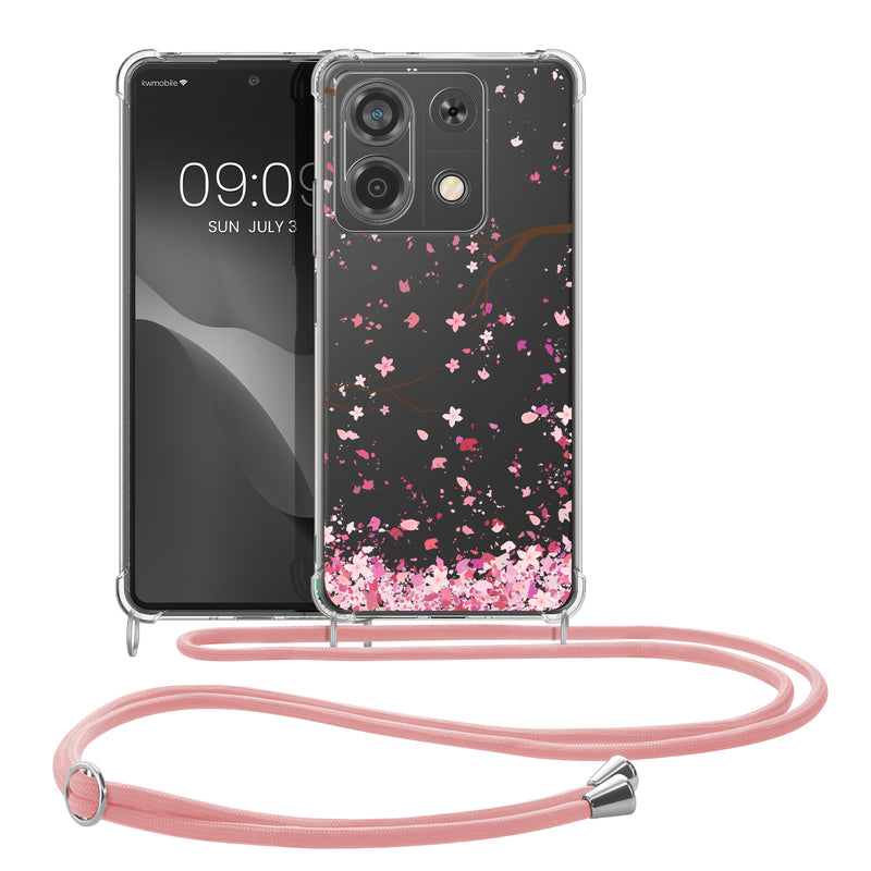kwmobile Necklace Case compatible with Xiaomi Redmi Note 13 5G - Silicone Cover with Phone Chain Cherry Blossom Petals