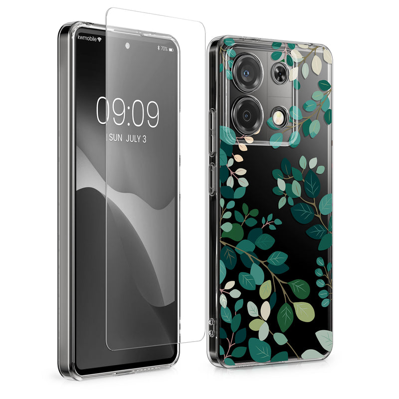 kwmobile Hülle kompatibel mit Xiaomi Redmi Note 13 Pro 5G / Poco X6 5G Handyhülle - Silikon Case transparent - Mit Glas Schutzfolie - Frühlingsblätter Grün Transparent Grün  [dsg01]