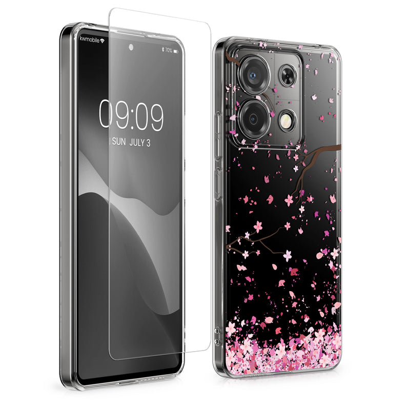 kwmobile Hülle kompatibel mit Xiaomi Redmi Note 13 Pro 5G / Poco X6 5G Handyhülle - Silikon Case transparent - Mit Glas Schutzfolie - Kirschblütenblätter Rosa Dunkelbraun Transparent Rosa  [dsg02]