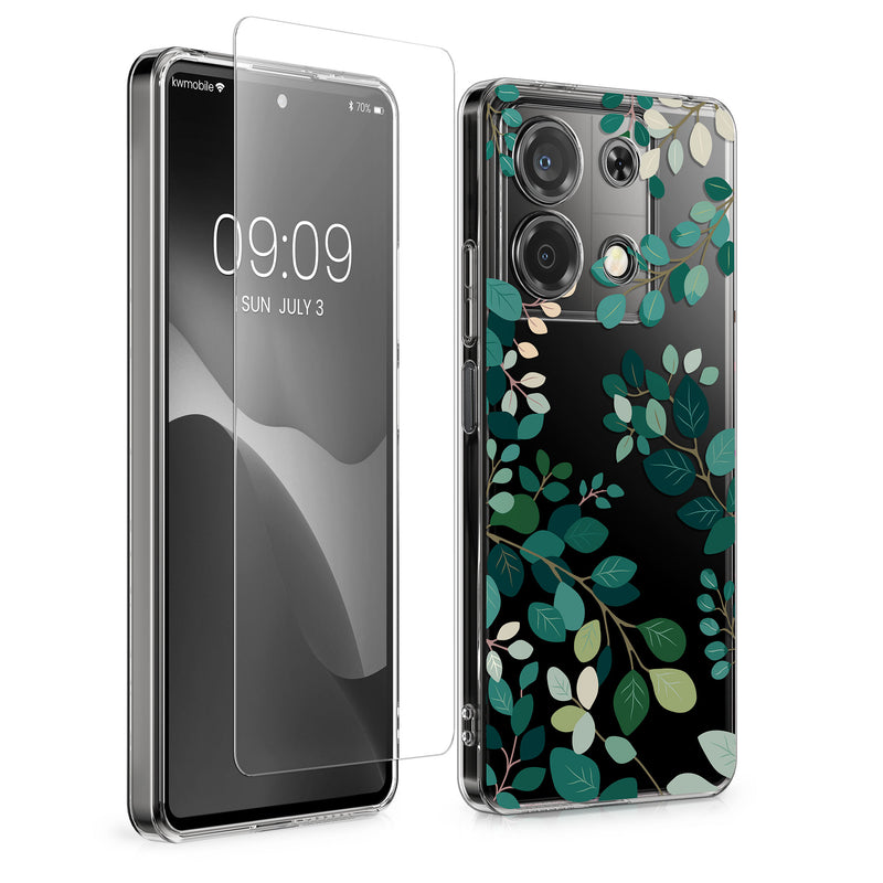 kwmobile Hülle kompatibel mit Xiaomi Redmi Note 13 5G Handyhülle - Silikon Case transparent - Mit Glas Schutzfolie - Frühlingsblätter Grün Transparent Grün  [dsg01]