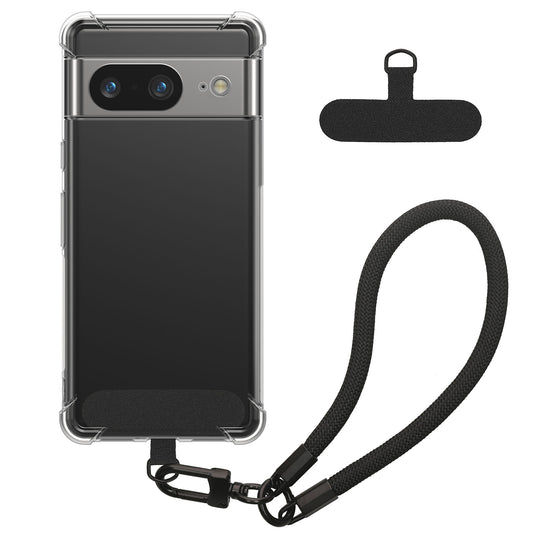 kwmobile Handy TPU Case kompatibel mit Google Pixel 7 Hülle - Kristallklare Schutzhülle mit Kantenschutz und abnehmbarem Armband inkl. 2 Pads - Transparent Schwarz Transparent  