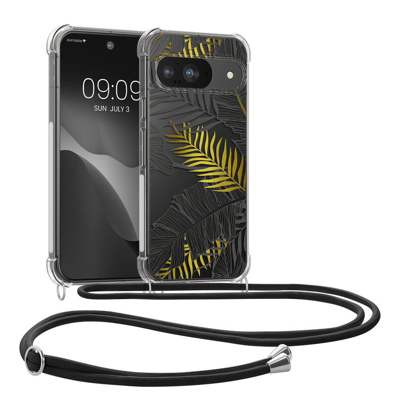 kwmobile Necklace Case kompatibel mit Google Pixel 9 / Pixel 9 Pro Hülle - Silikon Cover mit Handykette - Gelb Grau Transparent Dschungel Gelb  [dsg01]