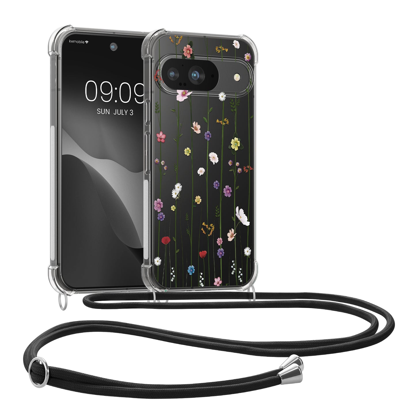 kwmobile Necklace Case kompatibel mit Google Pixel 9 / Pixel 9 Pro Hülle - Silikon Cover mit Handykette - Mehrfarbig Transparent Wildblumen Ranke Mehrfarbig  [dsg03]