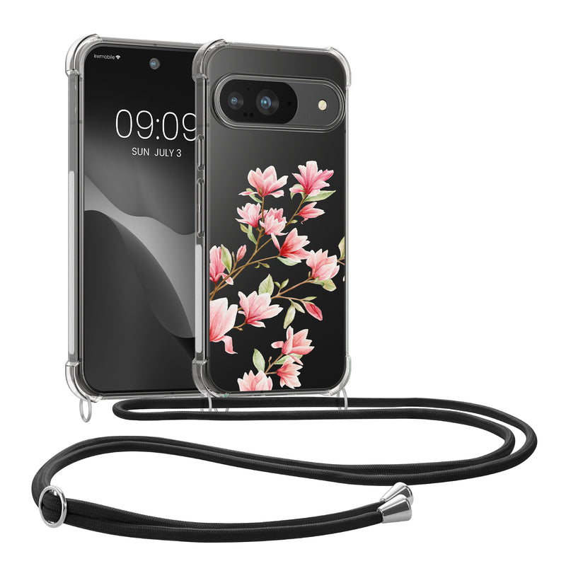 kwmobile Necklace Case kompatibel mit Google Pixel 9 / Pixel 9 Pro Hülle - Silikon Cover mit Handykette - Rosa Weiß Transparent Magnolien Rosa  [dsg04]