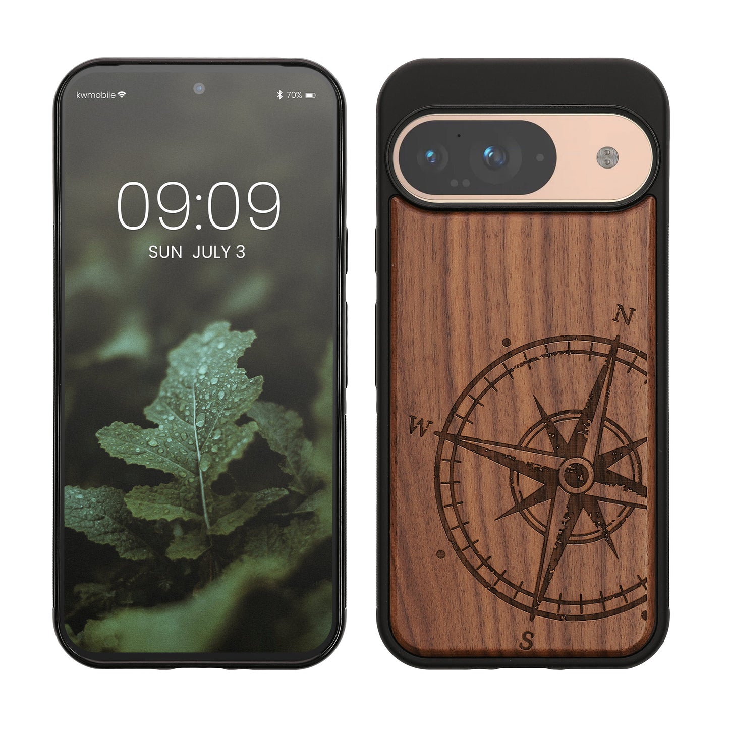 kwmobile Hülle kompatibel mit Google Pixel 9 / Pixel 9 Pro Hülle - Holz Case - Handy Cover - TPU Handyhülle in Dunkelbraun Kompass Vintage Dunkelbraun  [dsg01]