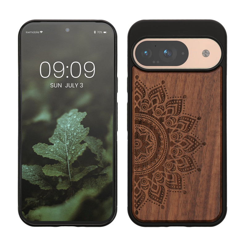 kwmobile Hülle kompatibel mit Google Pixel 9 / Pixel 9 Pro Hülle - Holz Case - Handy Cover - TPU Handyhülle in Dunkelbraun Aufgehende Sonne Dunkelbraun  [dsg02]