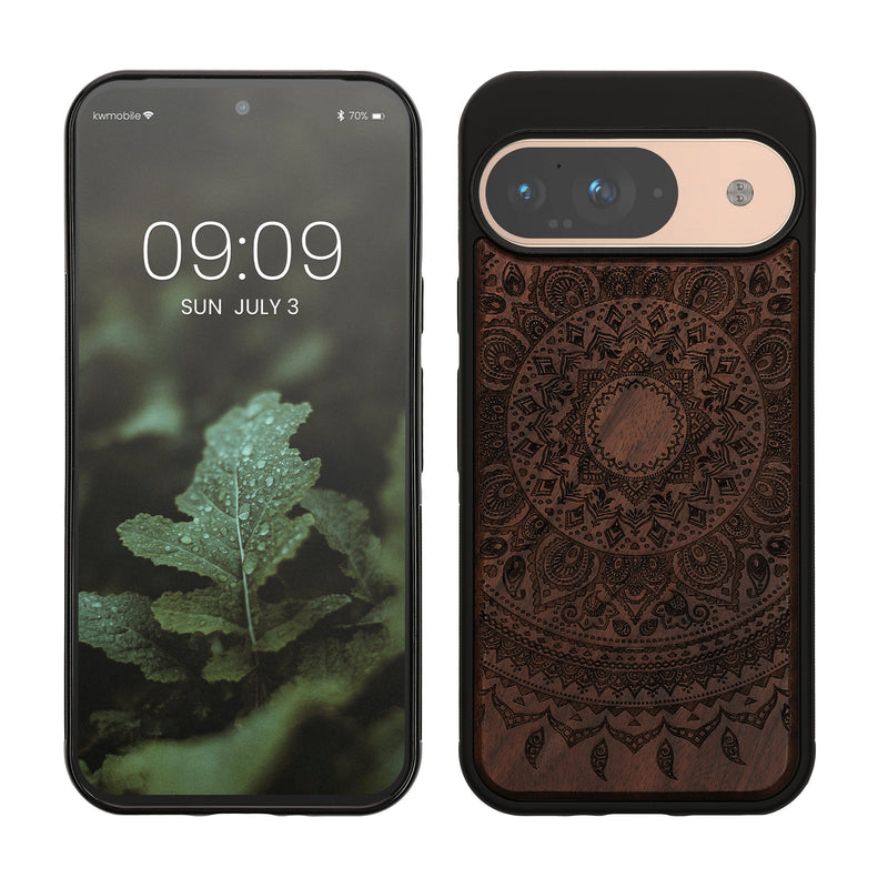 kwmobile Hülle kompatibel mit Google Pixel 9 / Pixel 9 Pro Hülle - Holz Case - Handy Cover - TPU Handyhülle in Dunkelbraun Indische Sonne Dunkelbraun  [dsg03]