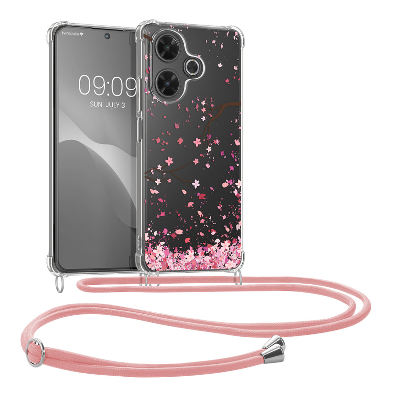 kwmobile Necklace Case kompatibel mit Xiaomi Redmi 13 Hülle - Silikon Cover mit Handykette - Rosa Dunkelbraun Transparent Kirschblütenblätter Rosa  [dsg01]