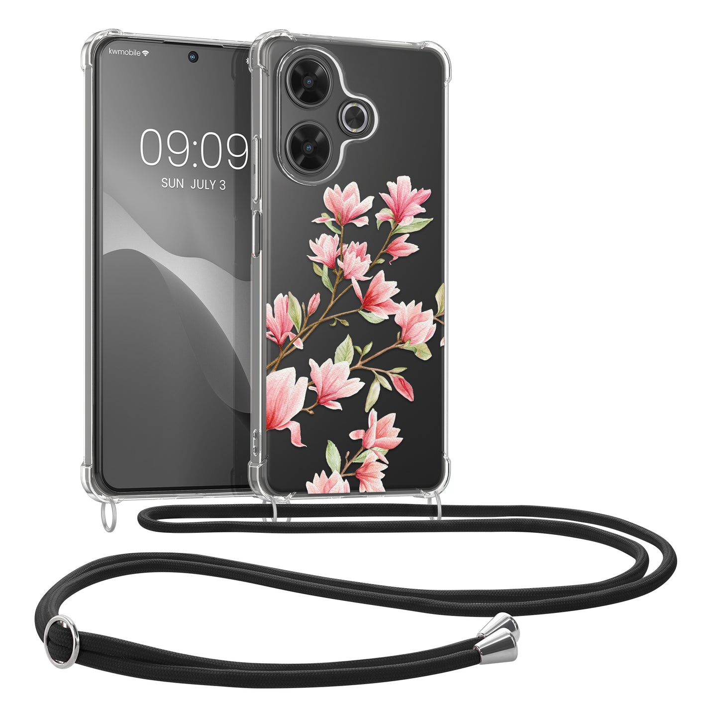 kwmobile Necklace Case kompatibel mit Xiaomi Redmi 13 Hülle - Silikon Cover mit Handykette - Rosa Weiß Transparent Magnolien Rosa  [dsg03]