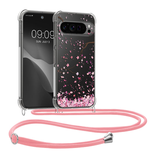 kwmobile Necklace Case kompatibel mit Google Pixel 9 Pro XL Hülle - Silikon Cover mit Handykette - Rosa Dunkelbraun Transparent Kirschblütenblätter Rosa  [dsg01]