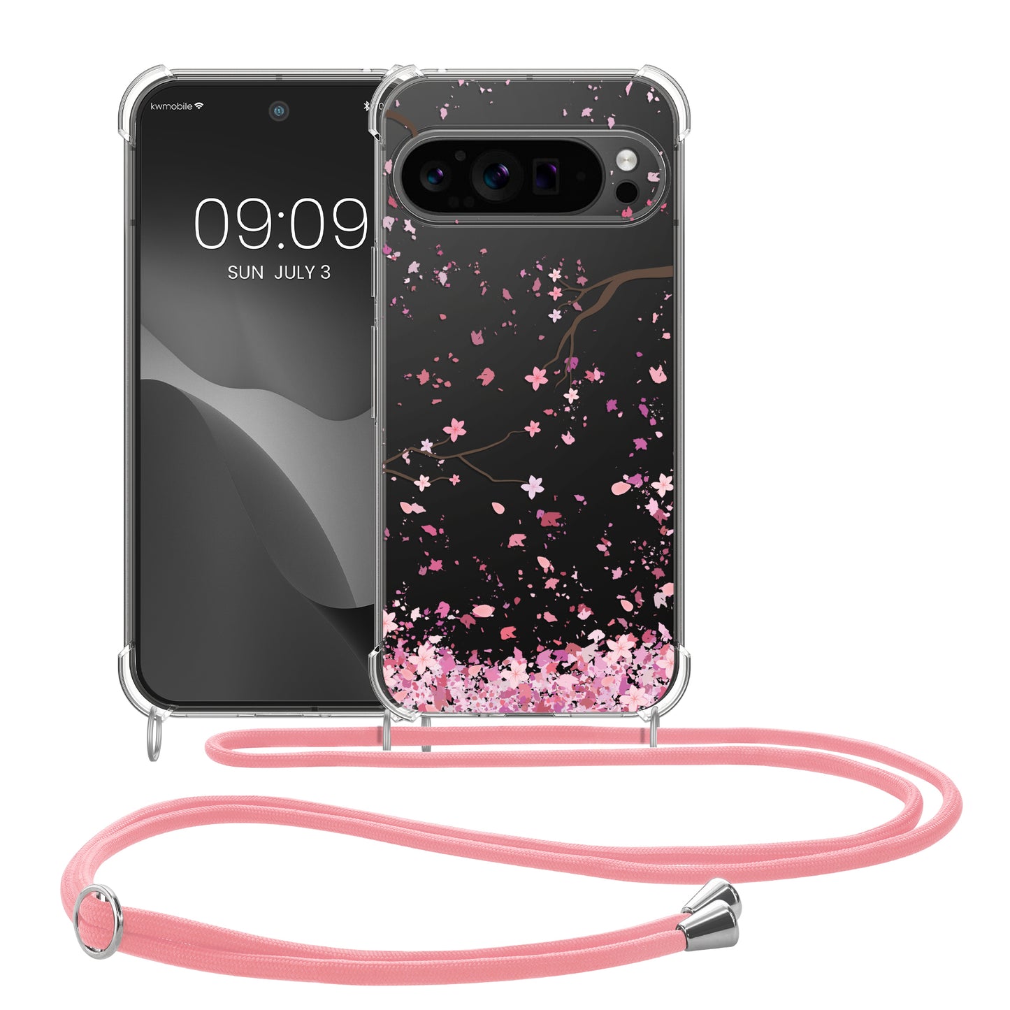 kwmobile Necklace Case compatible with Google Pixel 9 Pro XL Silicone Cover with Lanyard Cherry Blossom Petals