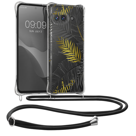 kwmobile Necklace Case kompatibel mit Google Pixel 9a Hülle - Silikon Cover mit Handykette - Gelb Grau Transparent Dschungel Gelb  [dsg01]