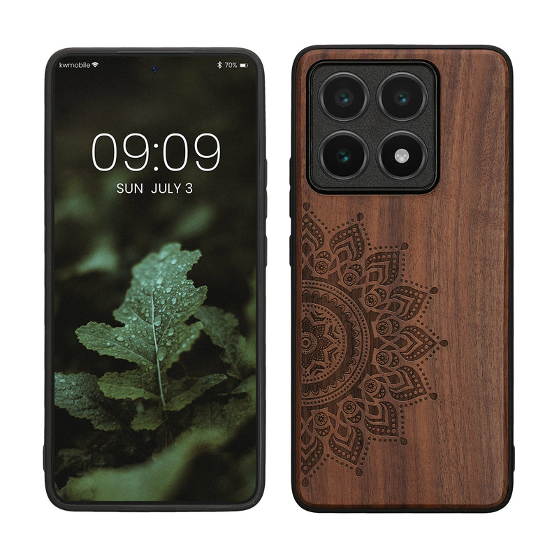 kwmobile Hülle kompatibel mit Xiaomi 14T Hülle - Holz Case - Handy Cover - TPU Handyhülle in Dunkelbraun Aufgehende Sonne Dunkelbraun  [dsg02]