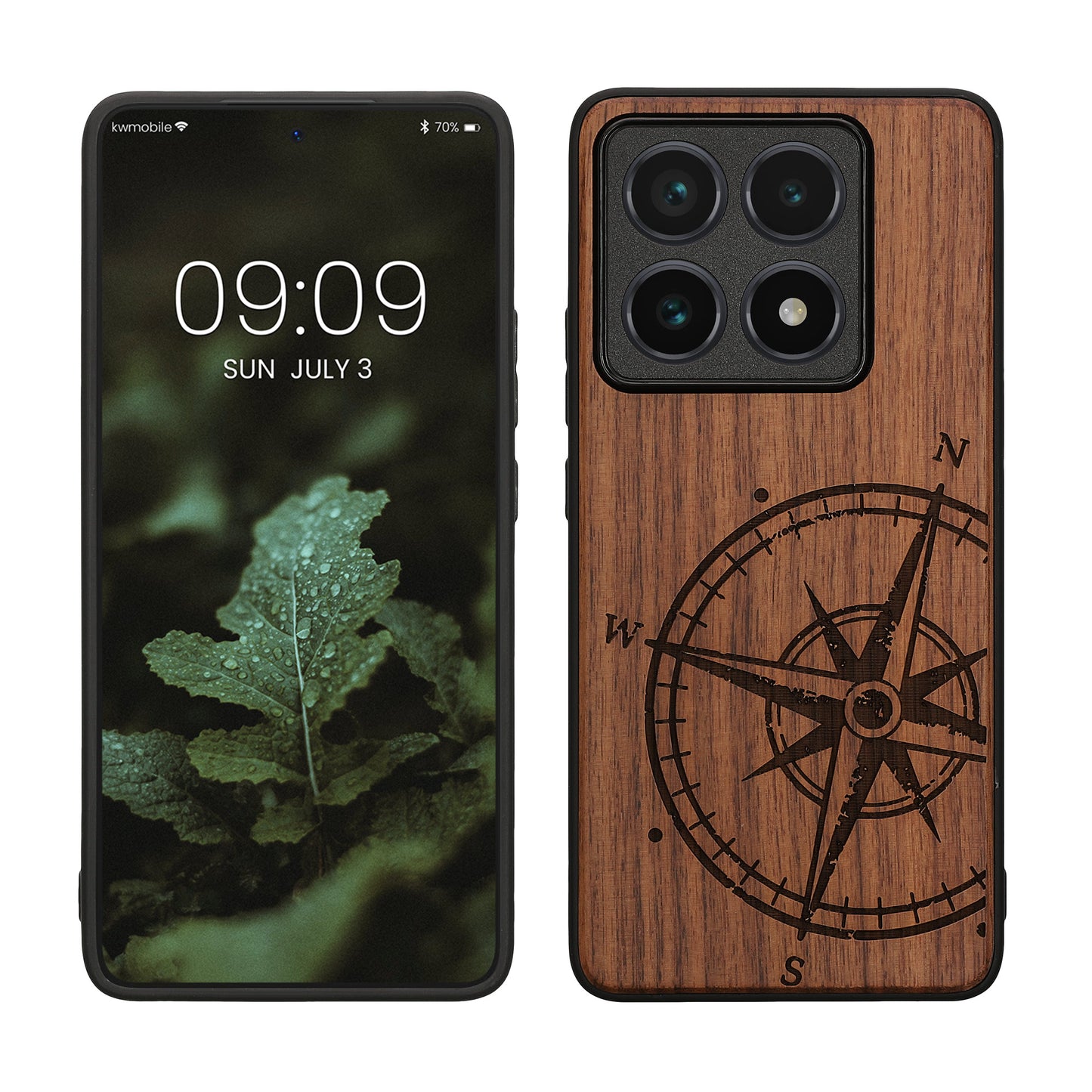kwmobile Hülle kompatibel mit Xiaomi 14T Pro Hülle - Holz Case - Handy Cover - TPU Handyhülle in Dunkelbraun Kompass Vintage Dunkelbraun  [dsg01]