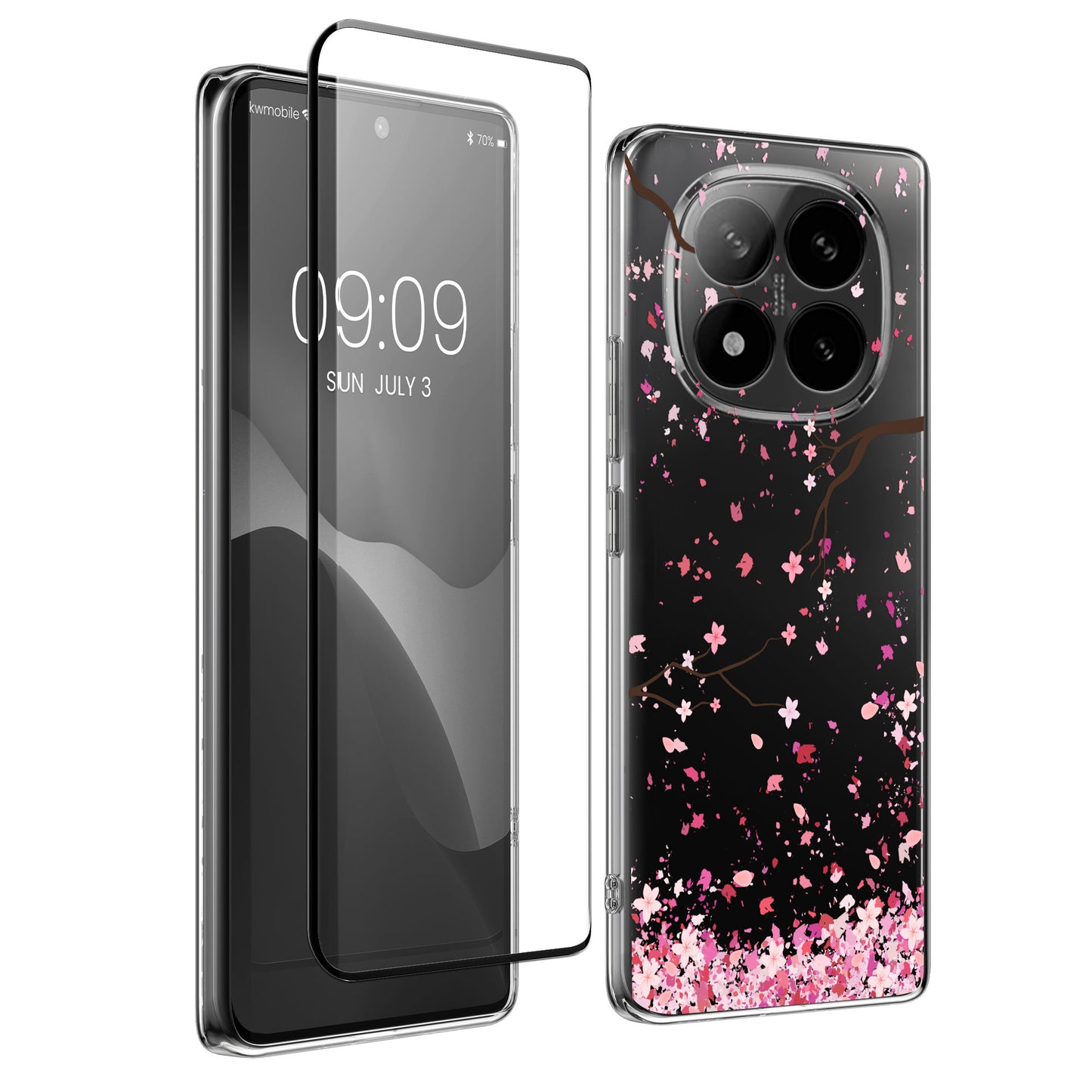 kwmobile Hülle kompatibel mit Xiaomi Redmi Note 14 Pro+ 5G / Redmi Note 14 Pro Plus 5G Handyhülle - Silikon Case transparent - Mit Glas Schutzfolie - Kirschblütenblätter Rosa Dunkelbraun Transparent Rosa  [dsg01]
