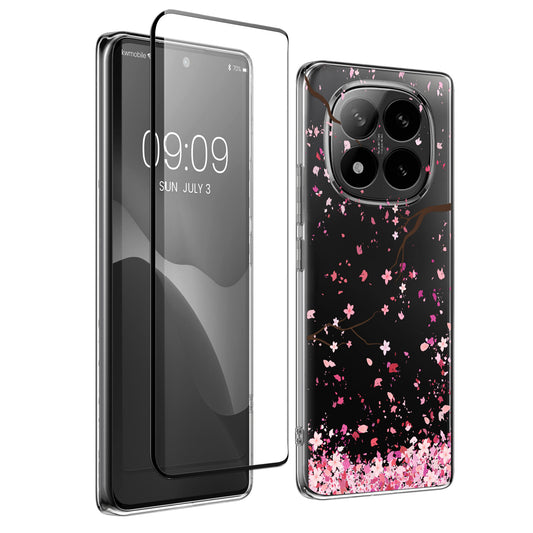 kwmobile Hülle kompatibel mit Xiaomi Redmi Note 14 Pro 5G / Poco X7 Handyhülle - Silikon Case transparent - Mit Glas Schutzfolie - Kirschblütenblätter Rosa Dunkelbraun Transparent Rosa  [dsg01]