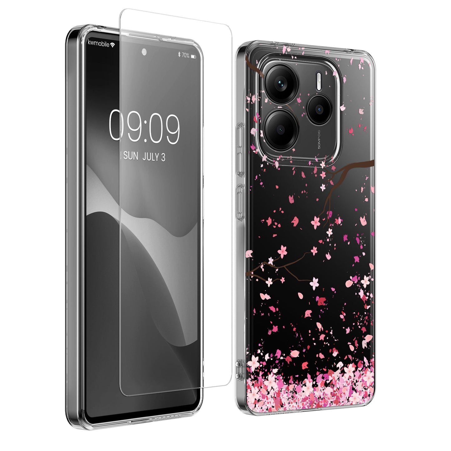 kwmobile Hülle kompatibel mit Xiaomi Redmi Note 14 5G (Nicht für 4G) Handyhülle - Silikon Case transparent - Mit Glas Schutzfolie - Kirschblütenblätter Rosa Dunkelbraun Transparent Rosa  [dsg01]