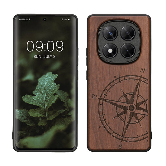kwmobile Hülle kompatibel mit Xiaomi Redmi Note 14 Pro 4G Hülle - Holz Case - Handy Cover - TPU Handyhülle in Dunkelbraun Kompass Vintage Dunkelbraun  [dsg01]
