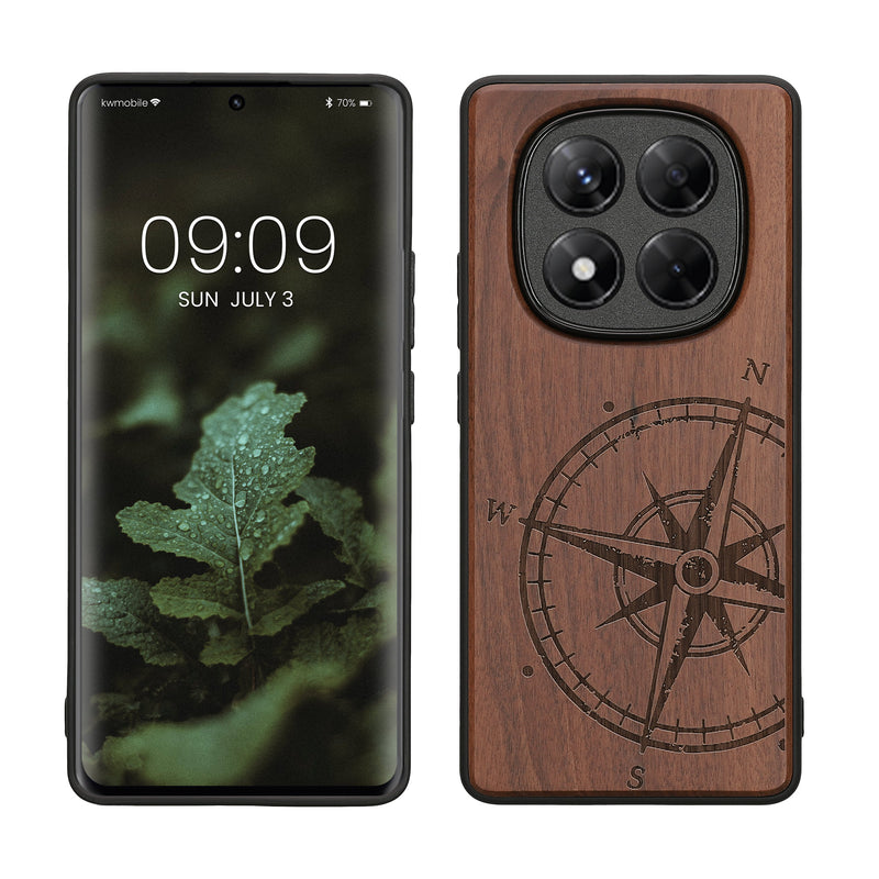 kwmobile Hülle kompatibel mit Xiaomi Redmi Note 14 Pro 4G Hülle - Holz Case - Handy Cover - TPU Handyhülle in Dunkelbraun Kompass Vintage Dunkelbraun  [dsg01]