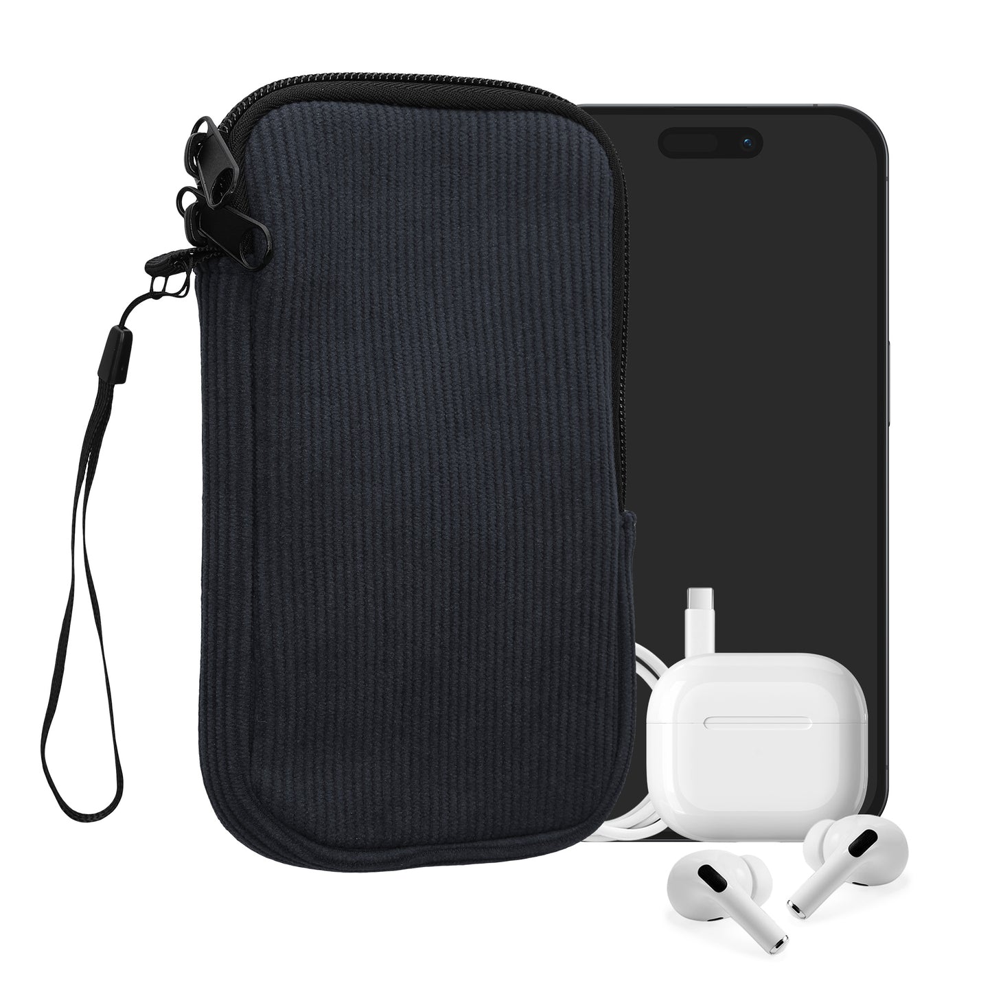 kwmobile Handytasche für L - 6,5" Hülle - Cord und Neopren Tasche mit Handschlaufe - Case 16,5 x 8,9 cm Innenmaße - Handyhülle in Marineblau Marineblau L 