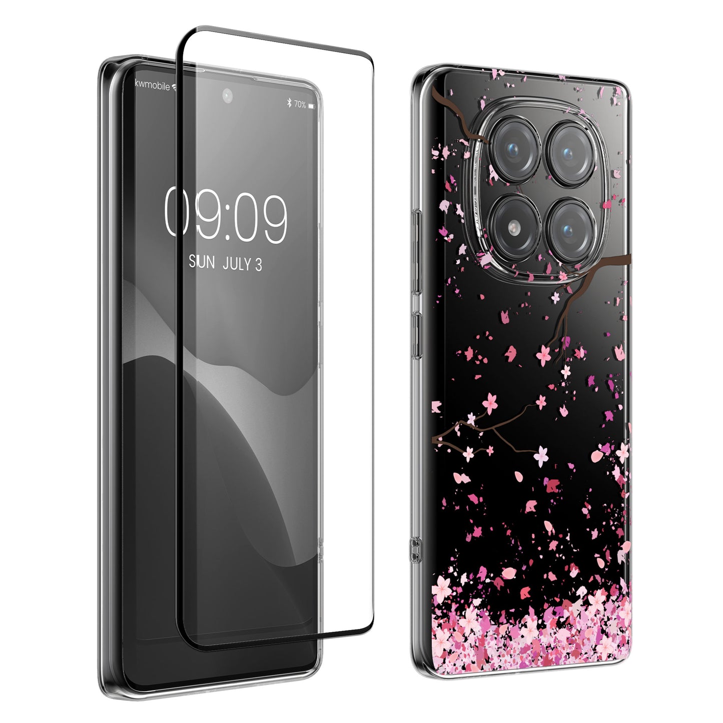 kwmobile Hülle kompatibel mit Xiaomi Redmi Note 14 Pro 4G Handyhülle - Silikon Case transparent - Mit Glas Schutzfolie - Kirschblütenblätter Rosa Dunkelbraun Transparent Rosa  [dsg01]