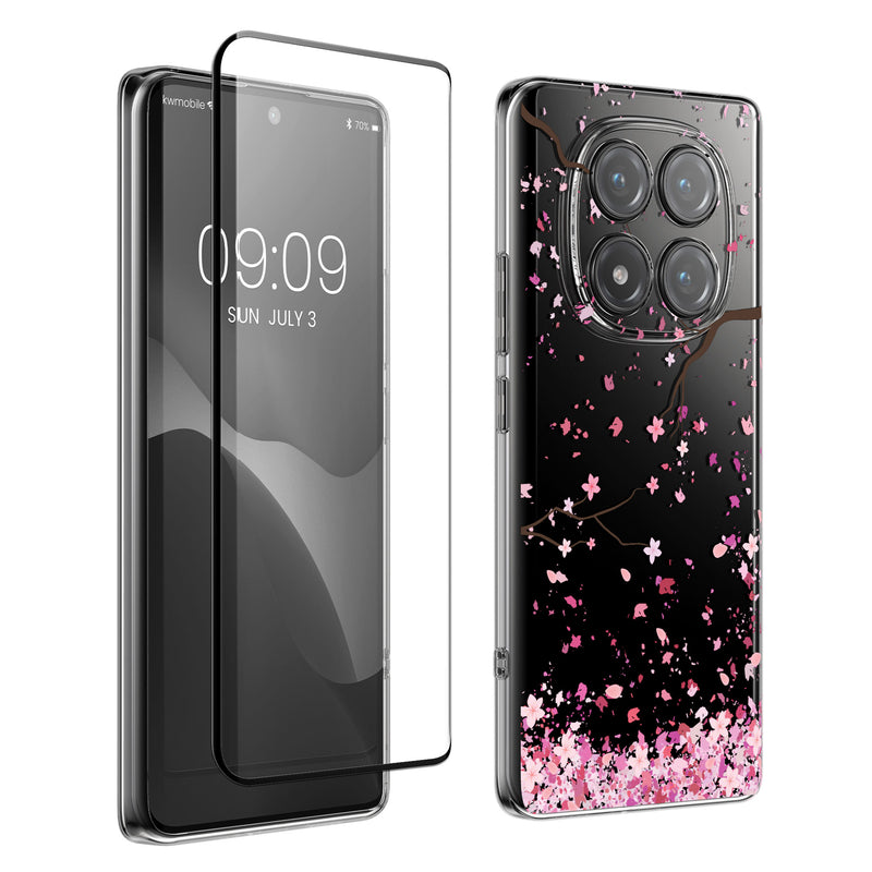 kwmobile Hülle kompatibel mit Xiaomi Redmi Note 14 Pro 4G Handyhülle - Silikon Case transparent - Mit Glas Schutzfolie - Kirschblütenblätter Rosa Dunkelbraun Transparent Rosa  [dsg01]