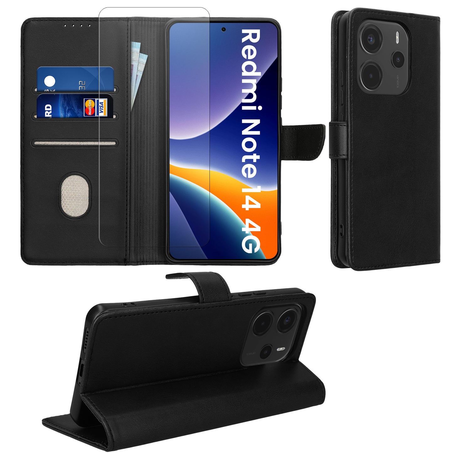 kwmobile Phone Case Compatible with Xiaomi Redmi Note 14 4G (Not for 5G) Case - Wallet Protective Cover Made of PU Leather with Screen Protector and RFID Protection