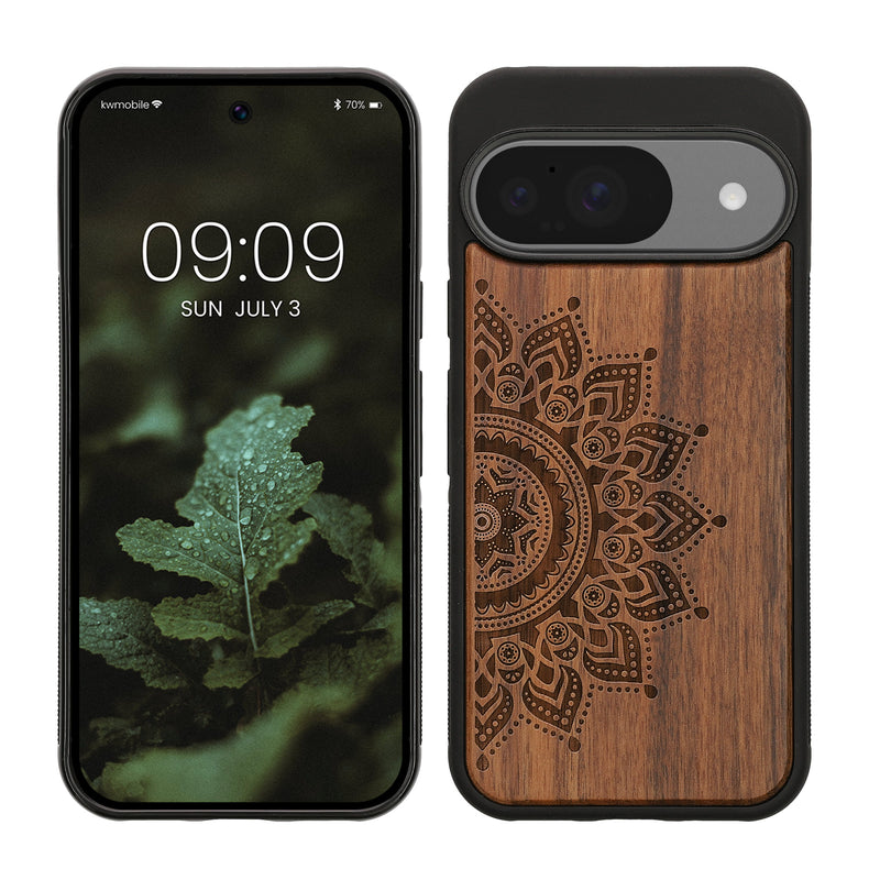 kwmobile Hülle kompatibel mit Google Pixel 10 / Pixel 10 Pro Hülle - Holz Case - Handy Cover - TPU Handyhülle in Dunkelbraun Aufgehende Sonne Dunkelbraun  [dsg02]