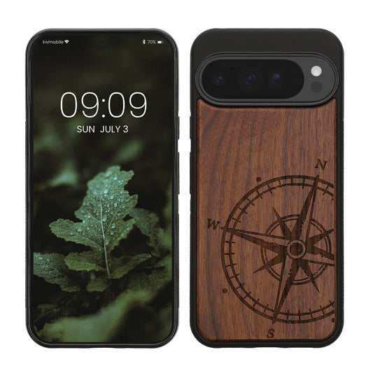 kwmobile Hülle kompatibel mit Google Pixel 10 Pro XL Hülle - Holz Case - Handy Cover - TPU Handyhülle in Dunkelbraun Kompass Vintage Dunkelbraun  [dsg01]
