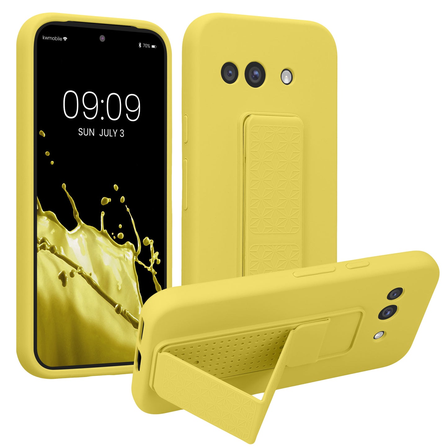 kwmobile Handyhülle kompatibel mit Google Pixel 9a - Hülle mit Fingerhalter und Standfunktion - Silikon Case Handy Cover in Strahlend Gelb Strahlend Gelb  