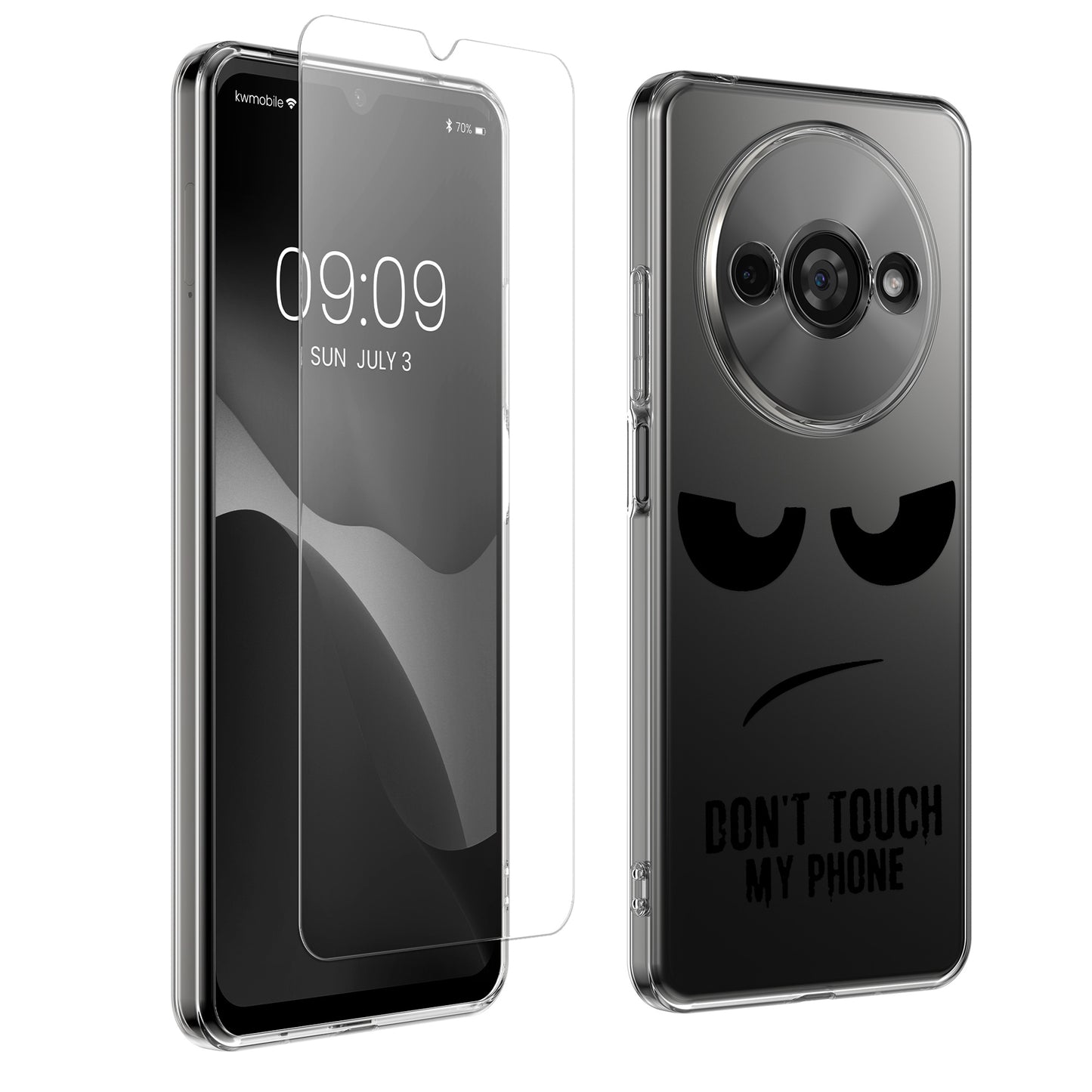 kwmobile Hülle kompatibel mit Xiaomi Redmi A3 Handyhülle - Silikon Case transparent - Mit Glas Schutzfolie - Don't touch my Phone Schwarz Transparent Schwarz  [dsg02]