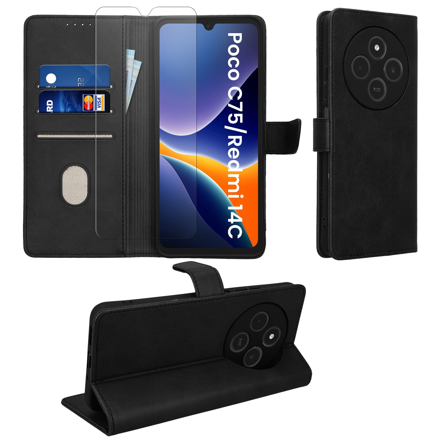 kwmobile Faux Leather Phone Case Compatible with Xiaomi Redmi 14C / Poco C75 Case - Wallet Protective Cover with Screen Protector and RFID Protection