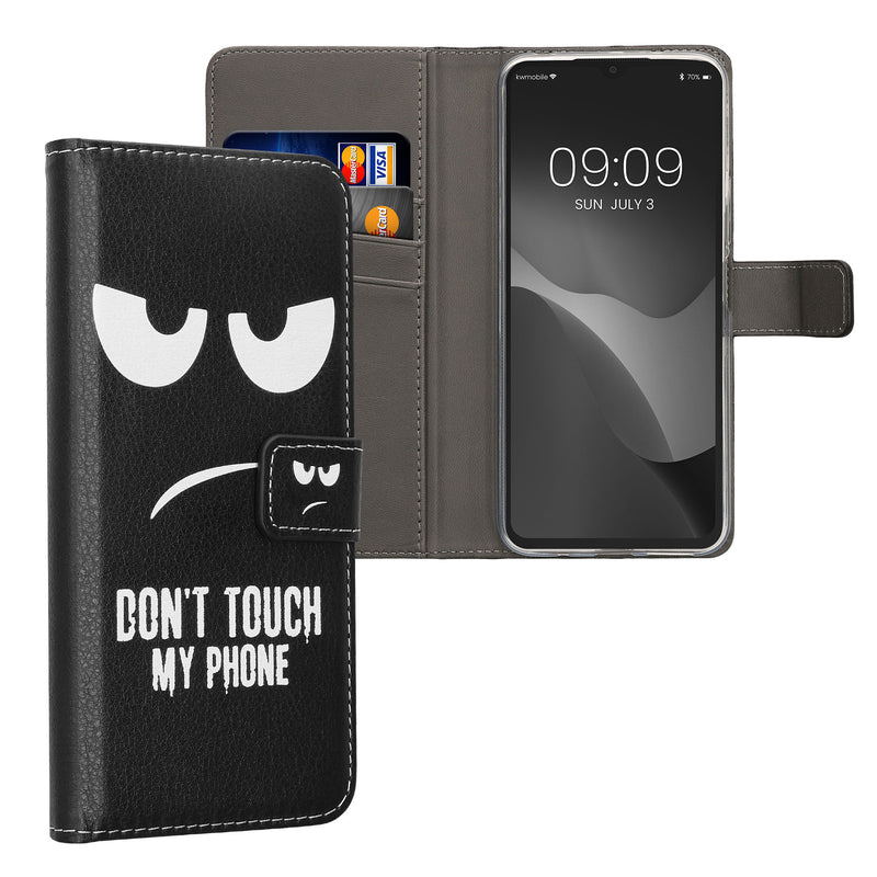 kwmobile Wallet Case kompatibel mit Xiaomi Redmi 14C / Poco C75 Hülle - Cover mit Ständer und Kartenfächern - Don't touch my Phone Weiß Schwarz Weiß  [dsg01]
