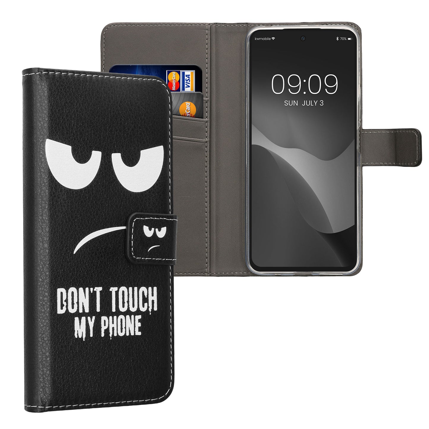 kwmobile Wallet Case kompatibel mit Xiaomi Redmi 13 Hülle - Cover mit Ständer und Kartenfächern - Don't touch my Phone Weiß Schwarz Weiß  [dsg01]